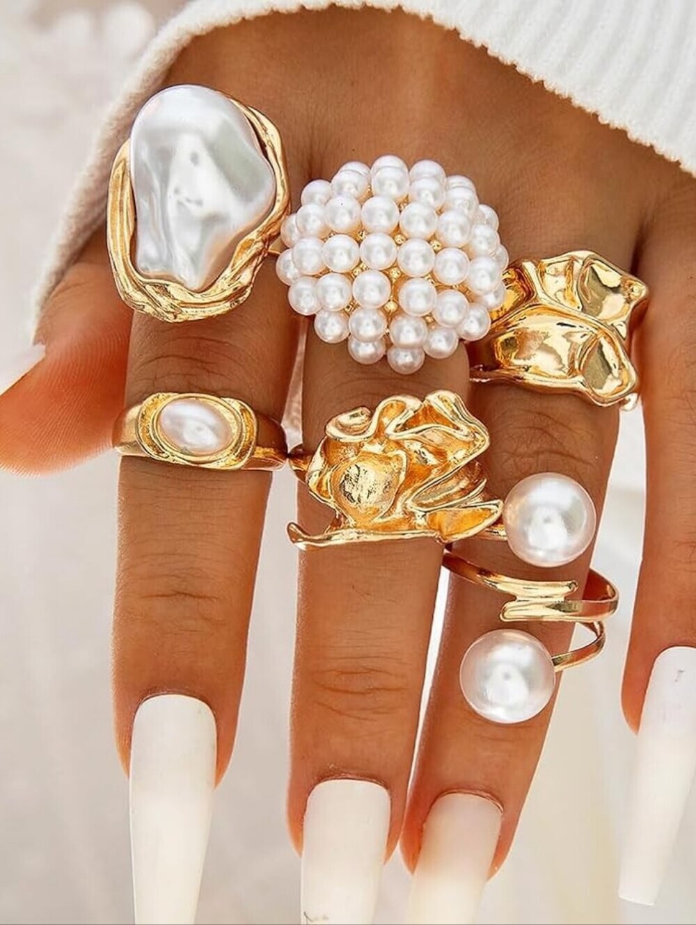 Statement Big Pearls Chunky Cluster Baroque Gold Stackable Rings
